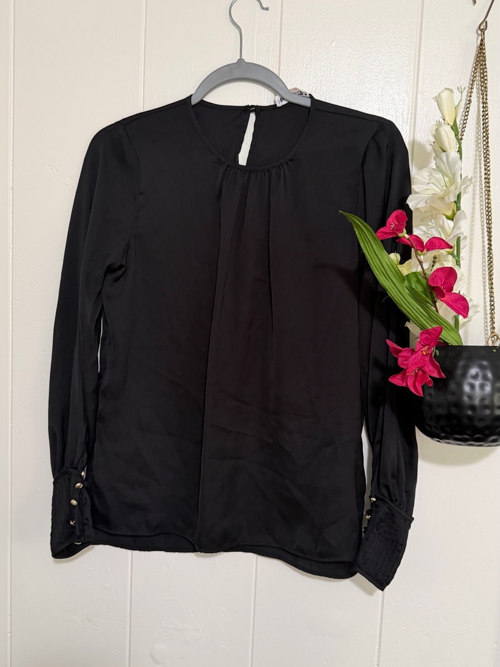 Calvin Klein Black Long-Sleeve Pleated Front Blouse